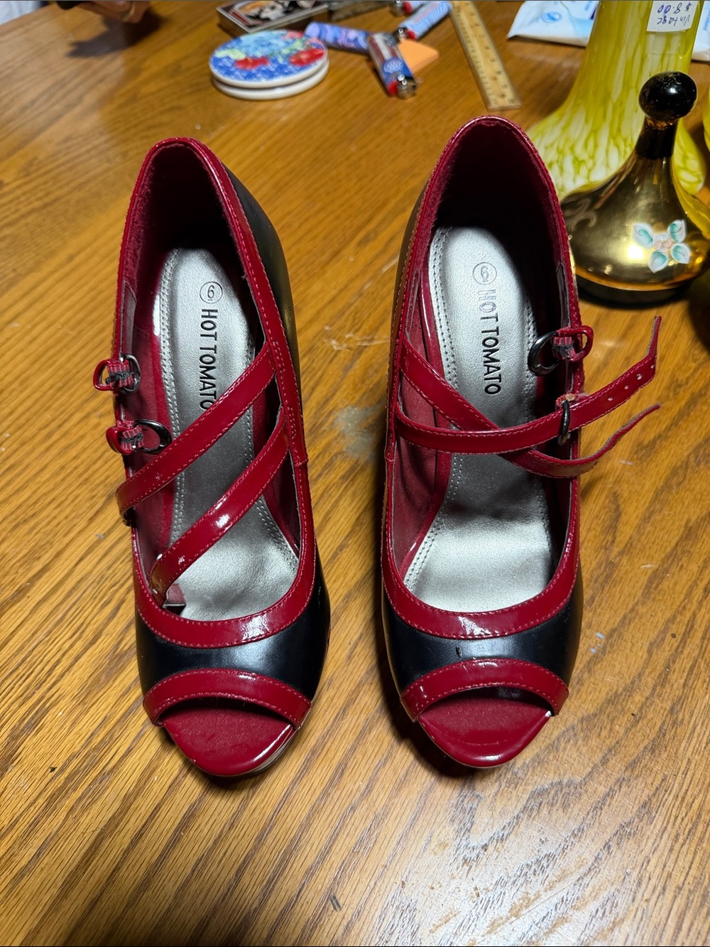 Hot Tomato Red and Black Crisscross Peep-Toe Heels with Buckle Straps